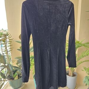 Black Velvet Ruched Mini Dress Deep V Neck Long Sleeve Rhinestone Buttons